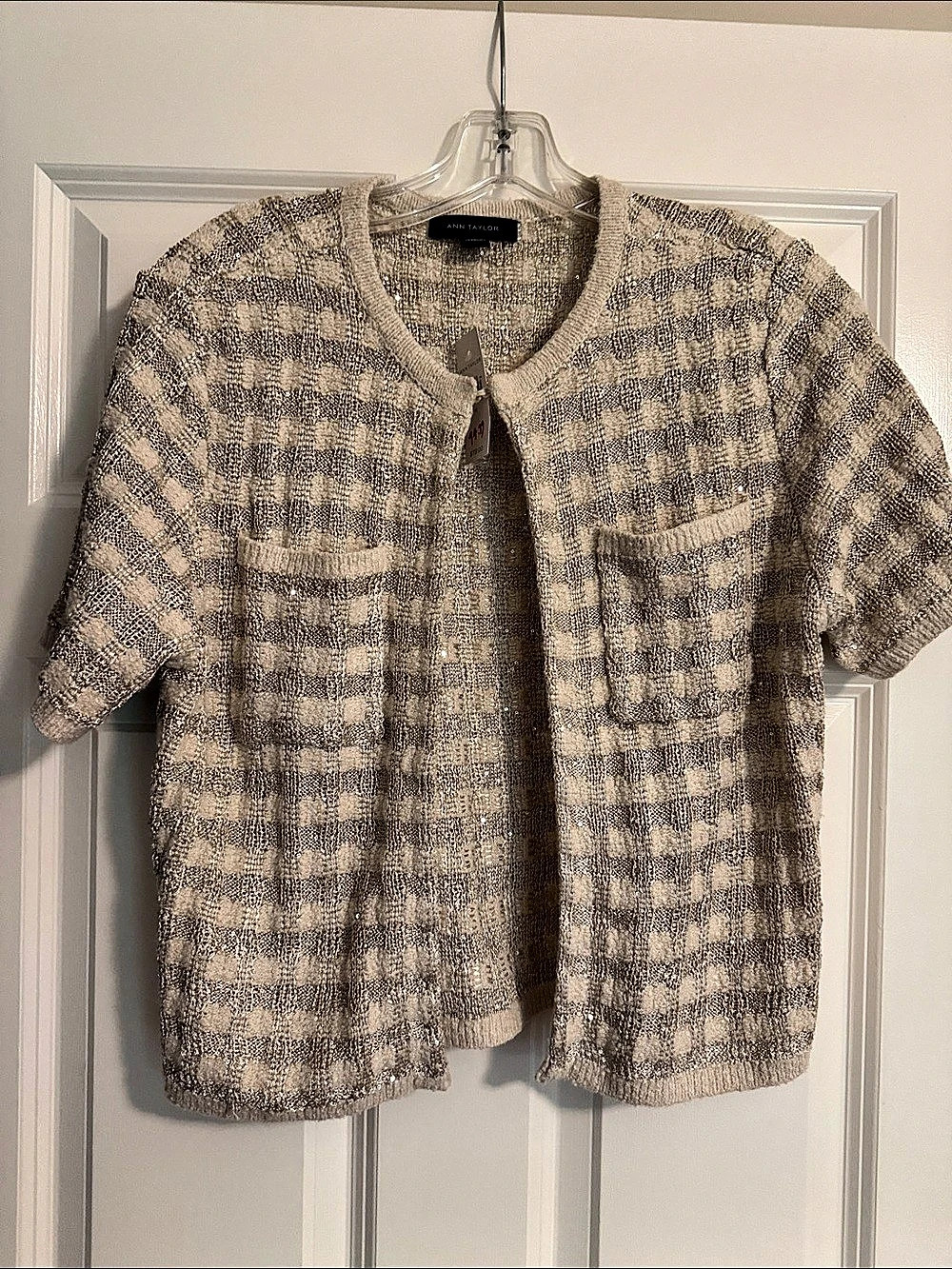 Ann Taylor Checkered Short Sleeve Cardigan Size Medium